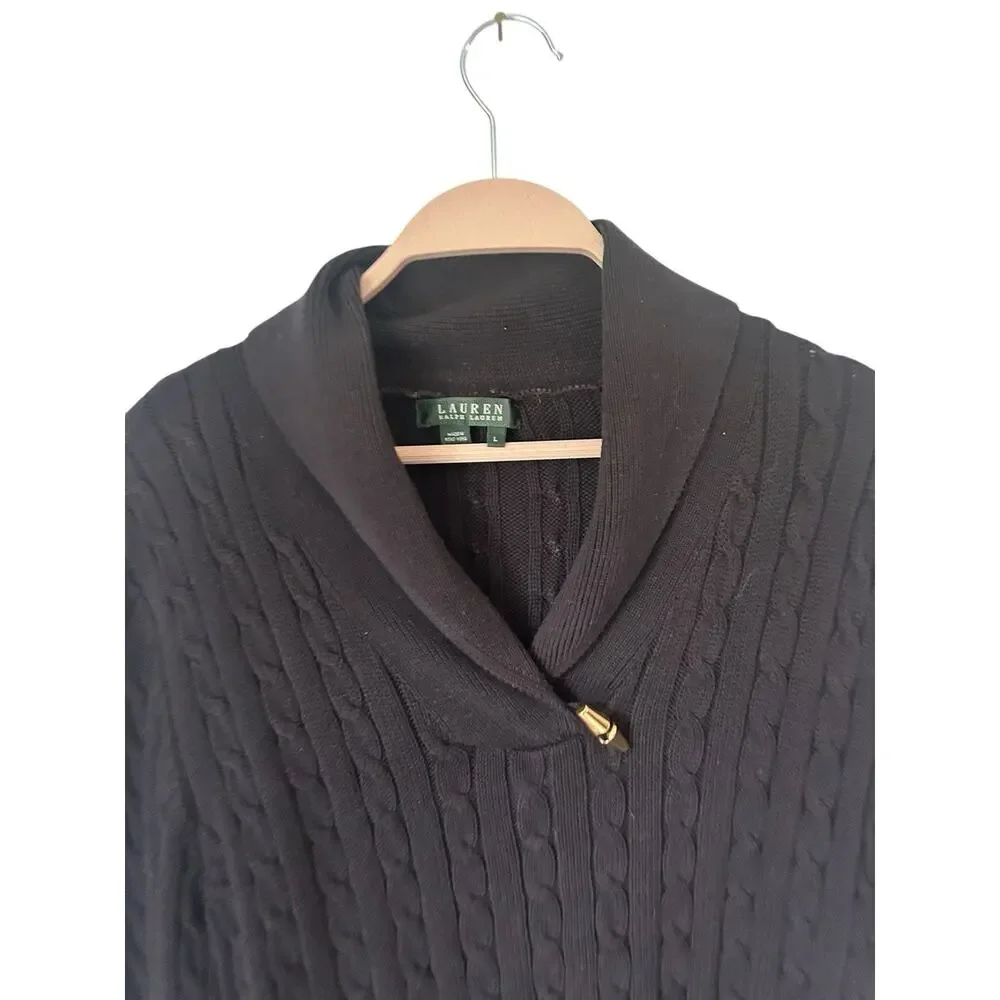 Lauren Ralph Lauren black cableknit collar v-neck toggle sweater size large wome